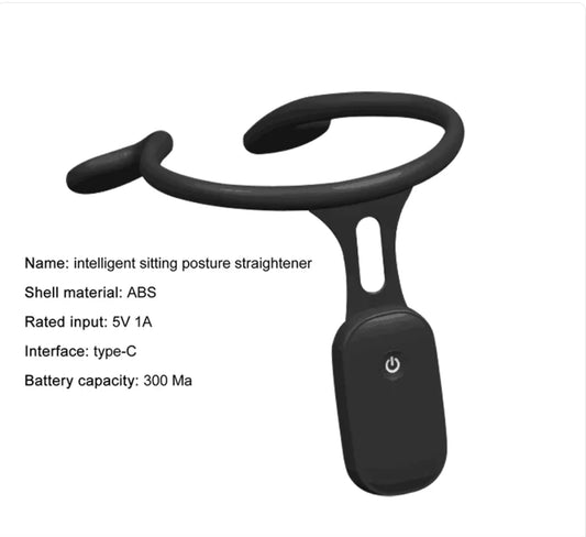 Black posture corrector with technical specifications on a white background